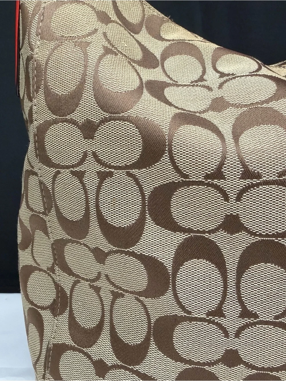 Coach Tan Signature Jacquard Hobo with Red Strap